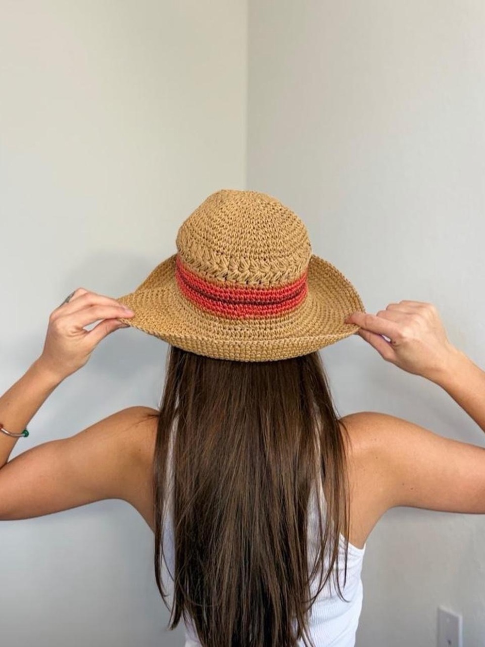 Vintage Brown paper bucket hat with red stripes